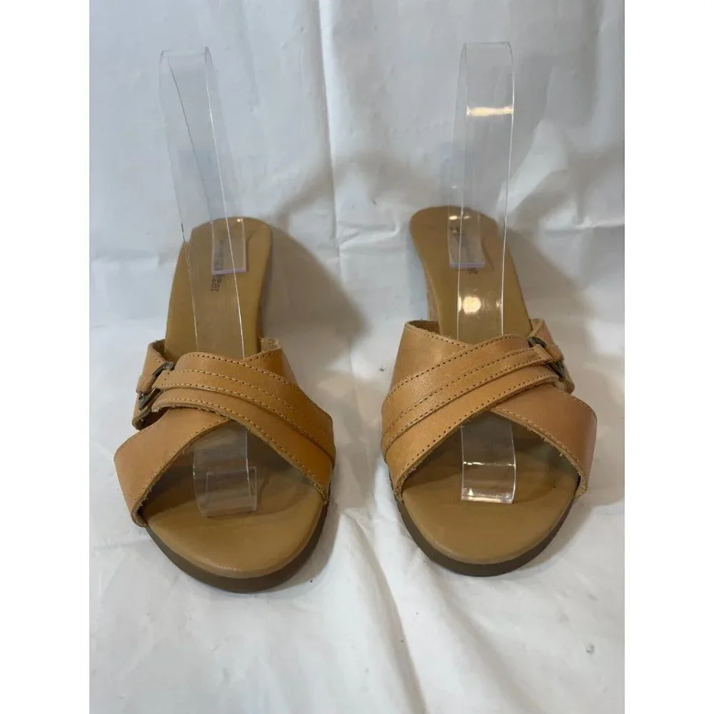 NATURALIZER Womens Brown Slide Sandals Size 9.5  Leather Wedge Heel Open Toe